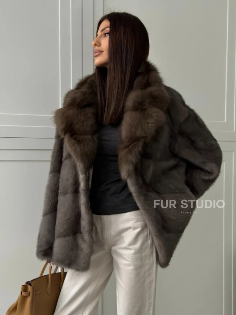 Шуба норковая автоледи - воротник куница (серый) - фото 3