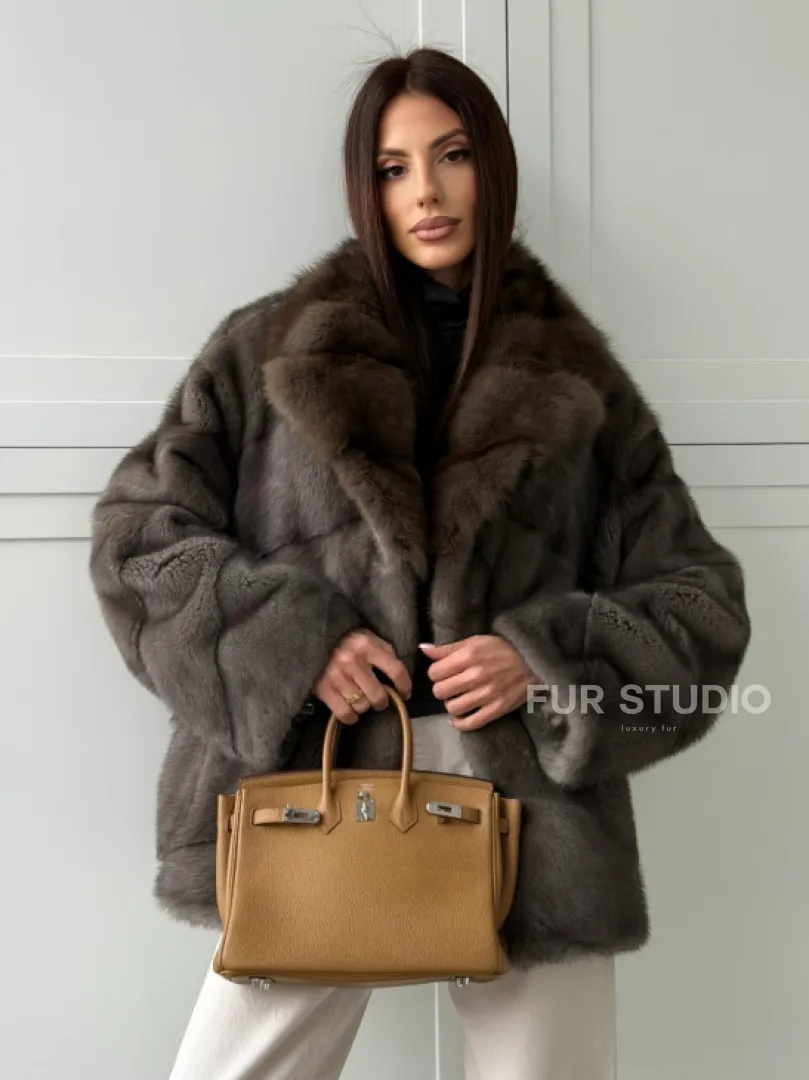 Шуба норковая автоледи - воротник куница (серый)