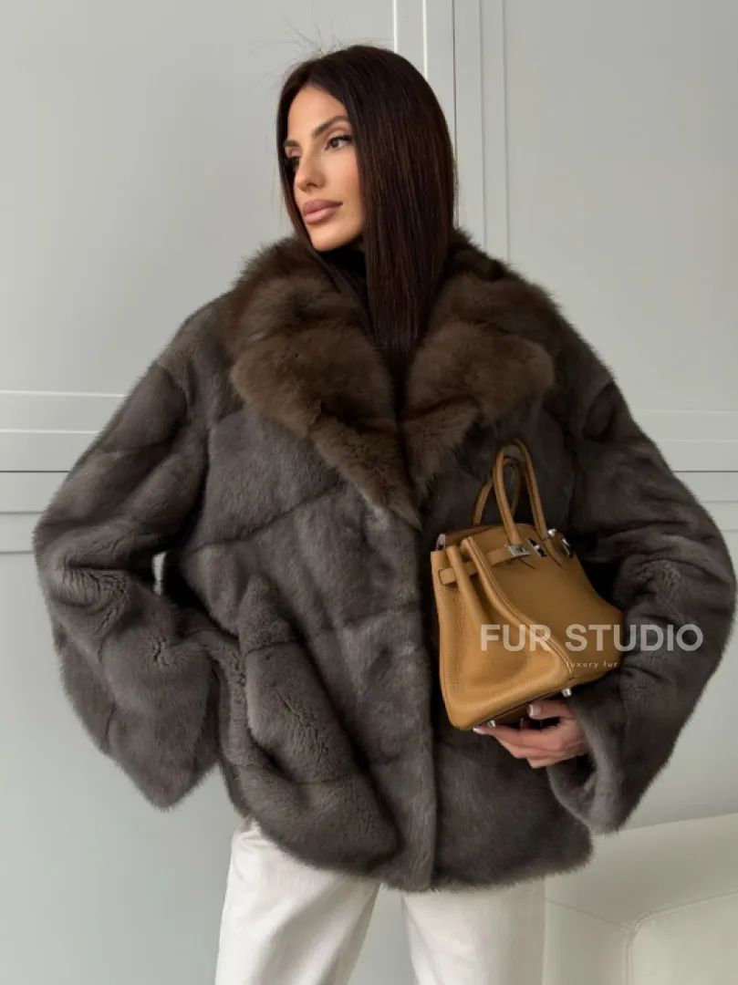 Шуба норковая автоледи - воротник куница (серый) - фото 7