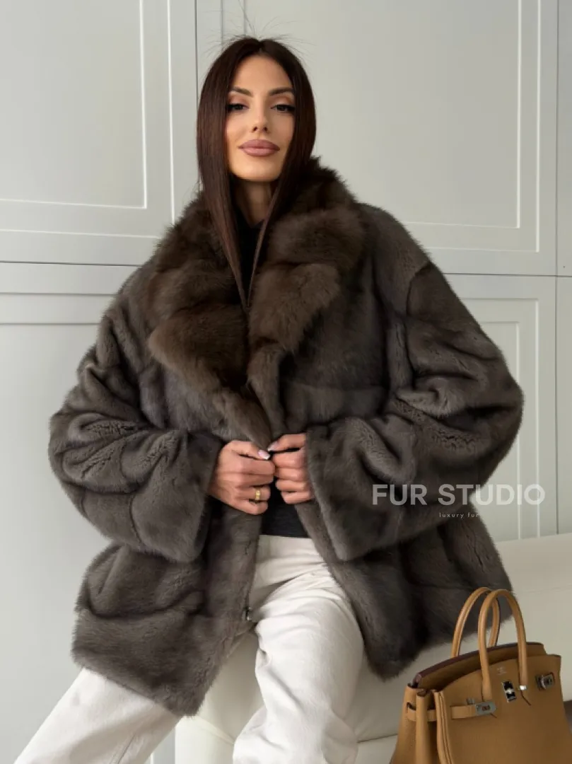 Шуба норковая автоледи - воротник куница (серый)