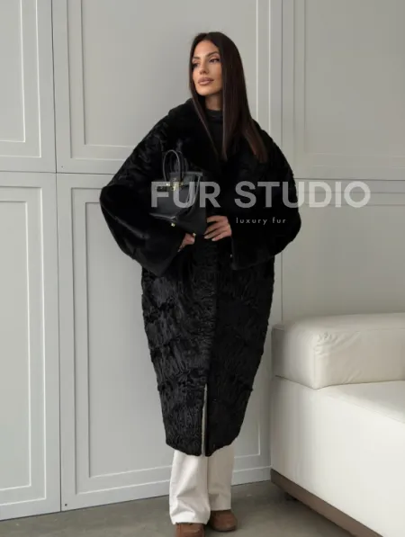 Черная шуба из каракуля с норкой - фото 15