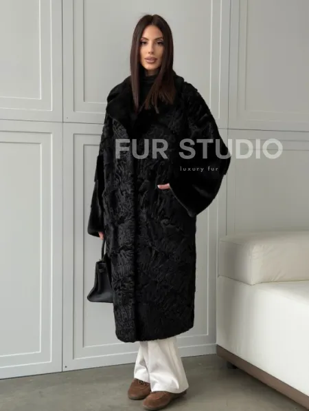 Черная шуба из каракуля с норкой - фото 11