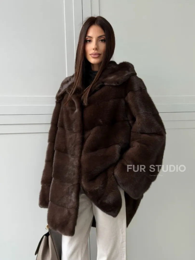 Норковая шуба в стиле «рубашка» с капюшоном - фото 11