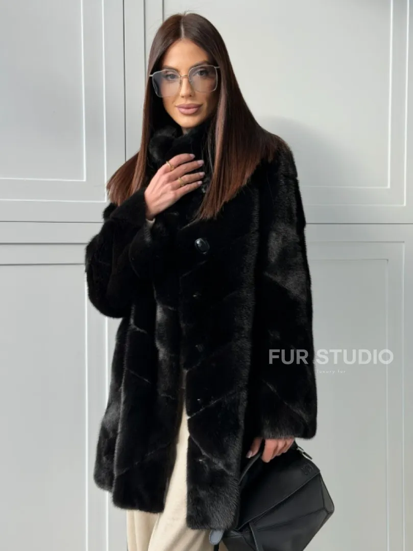Черная норковая шуба - стойка воротник - фото 7