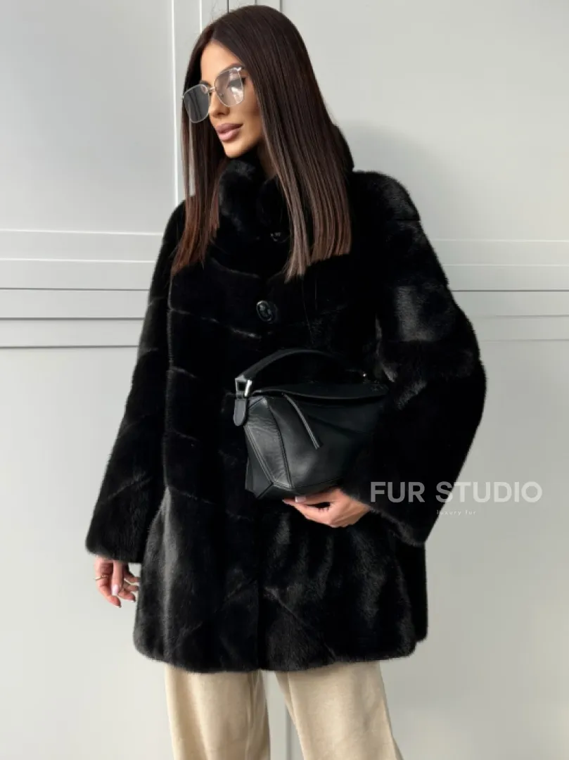 Черная норковая шуба - стойка воротник - фото 6