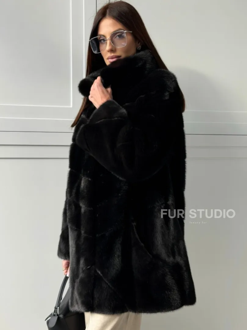 Черная норковая шуба - стойка воротник - фото 4