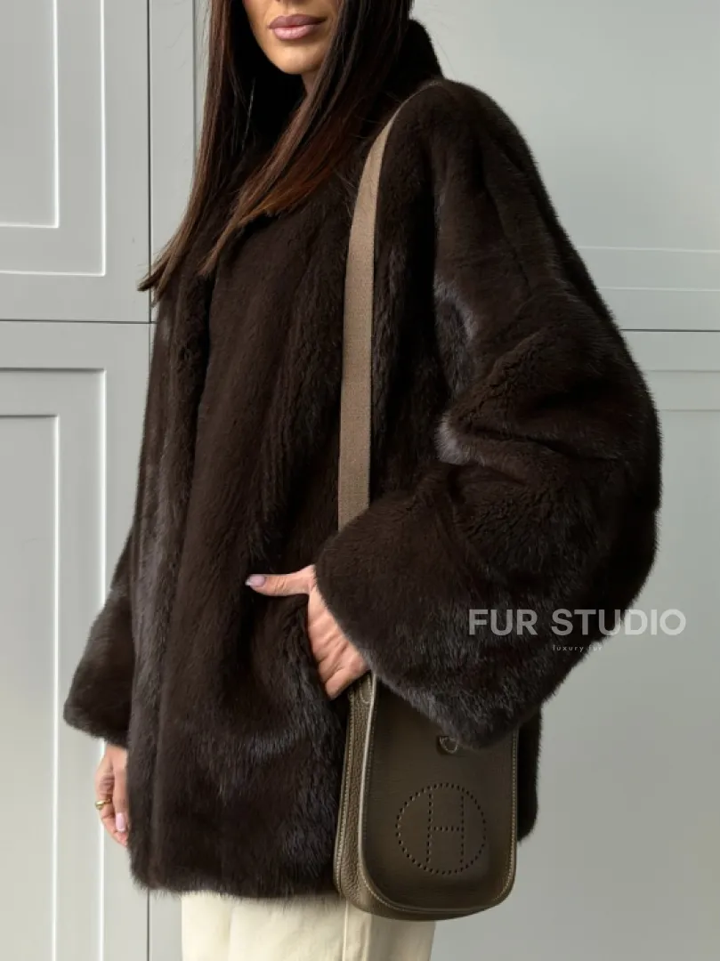 Меховой жакет из норки V- образный воротник