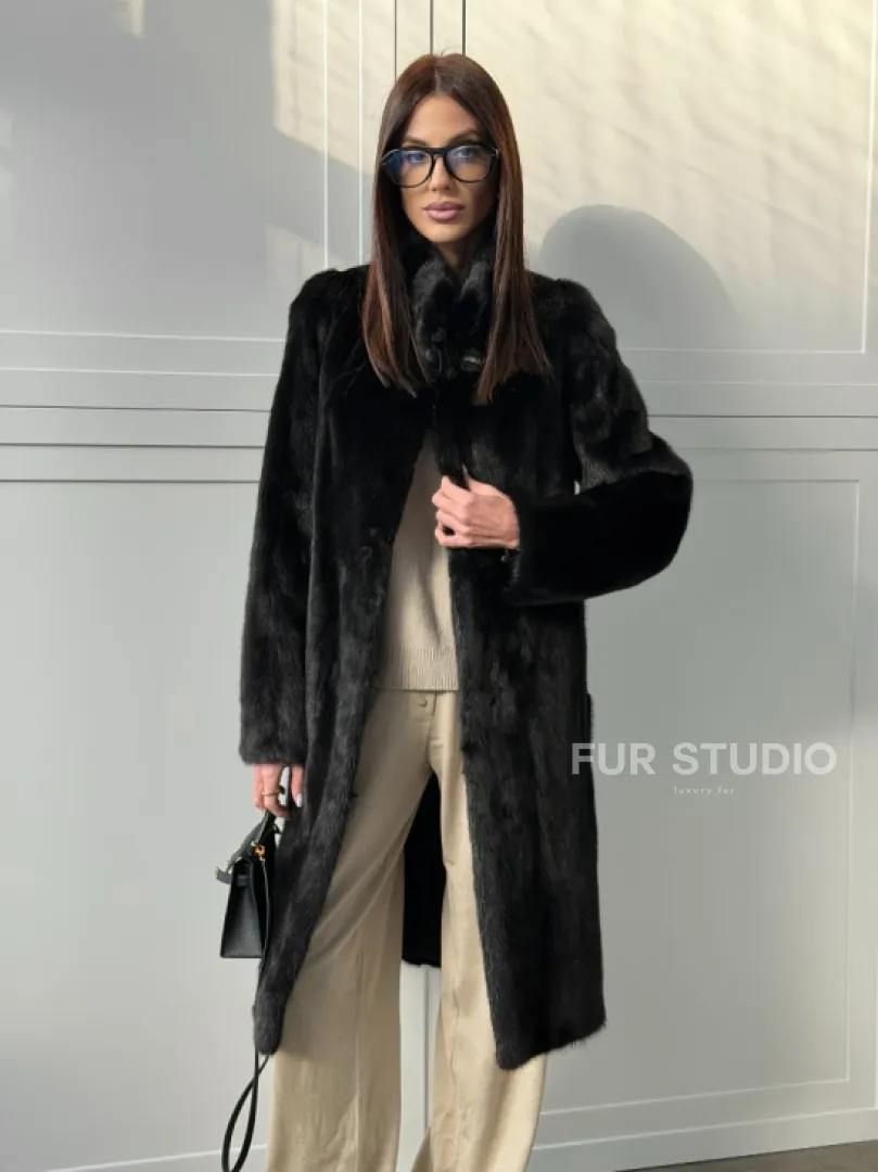 Черная норковая шуба - воротник стойка
