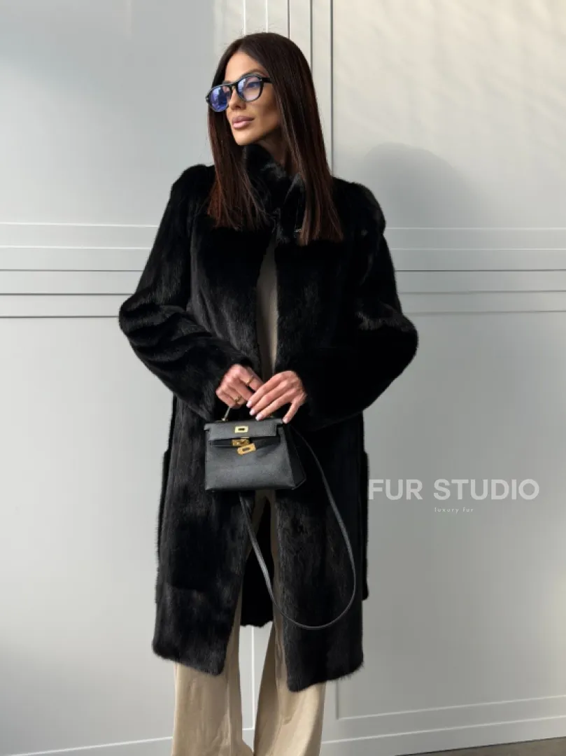 Черная норковая шуба - воротник стойка