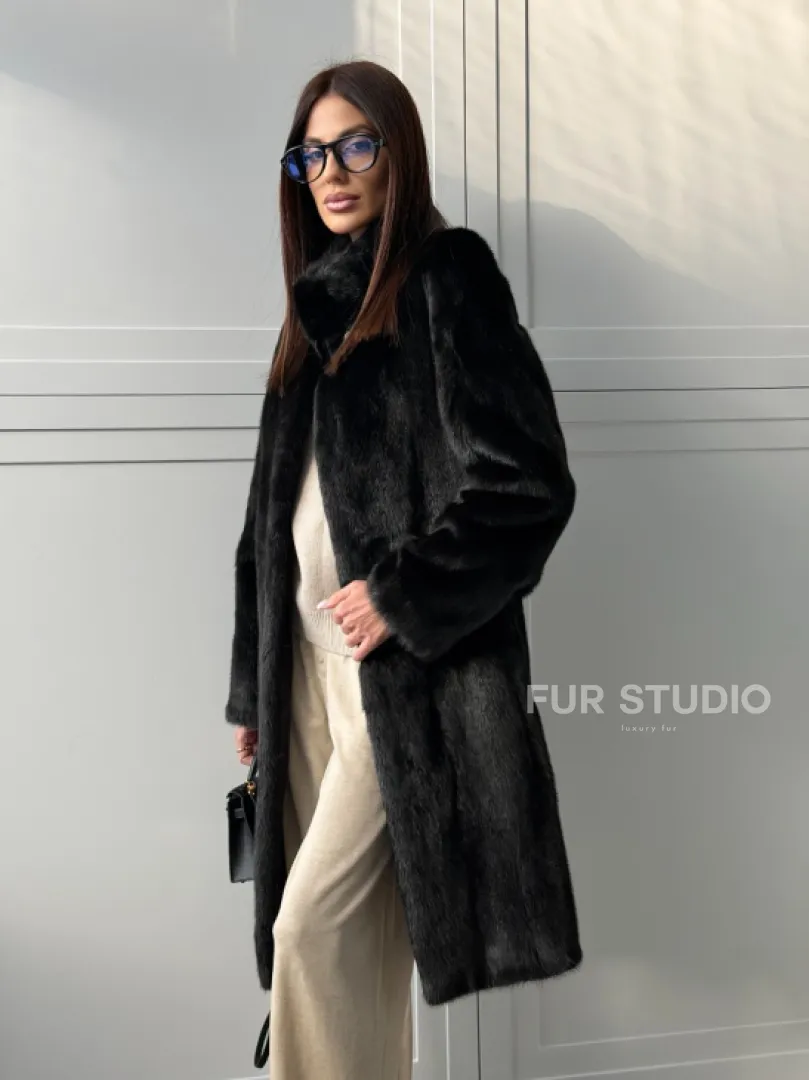 Черная норковая шуба - воротник стойка