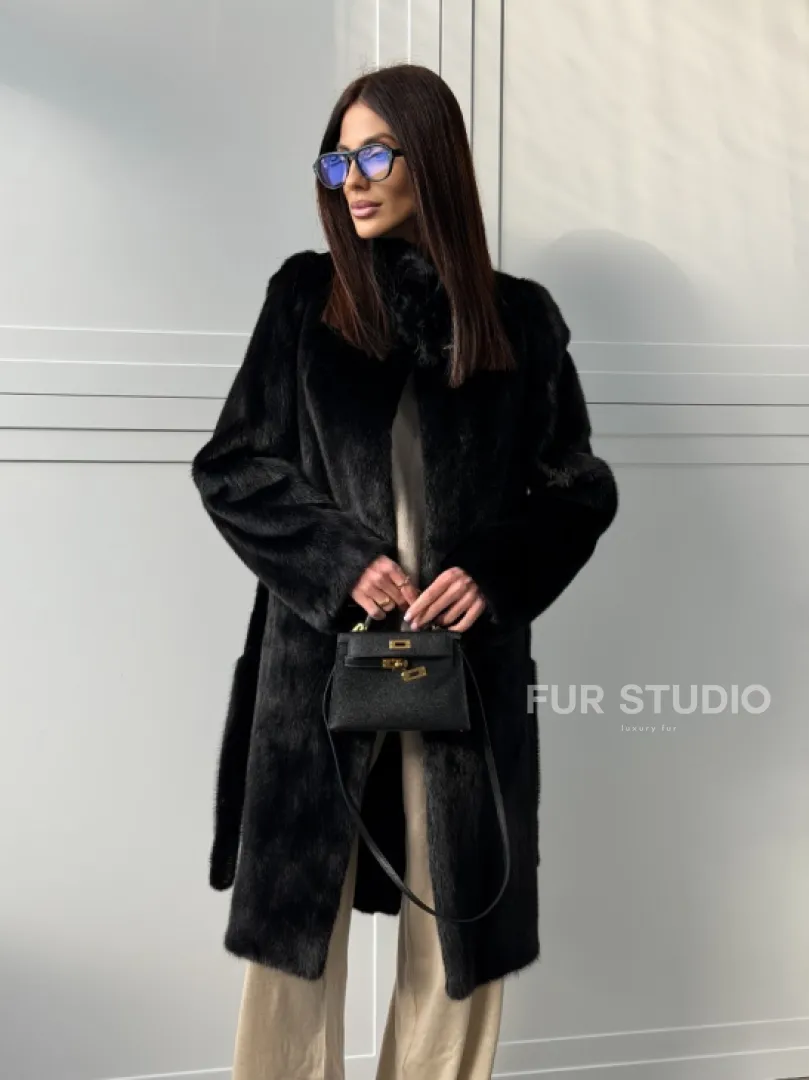 Черная норковая шуба - воротник стойка