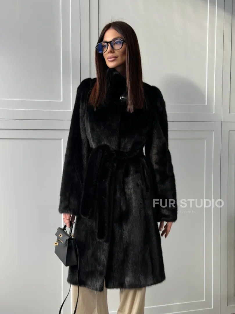 Черная норковая шуба - воротник стойка