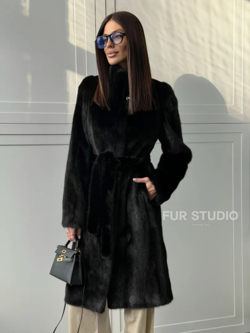 Черная норковая шуба - воротник стойка