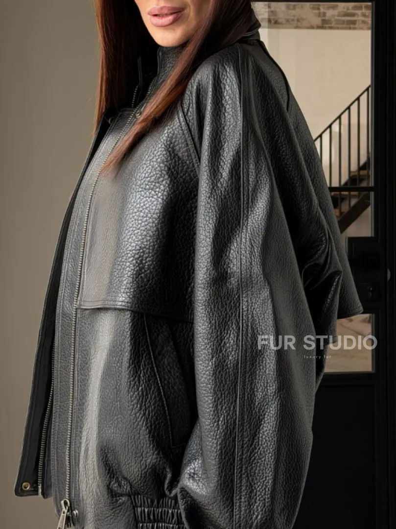 Черная весенняя куртка из кожи Joombo