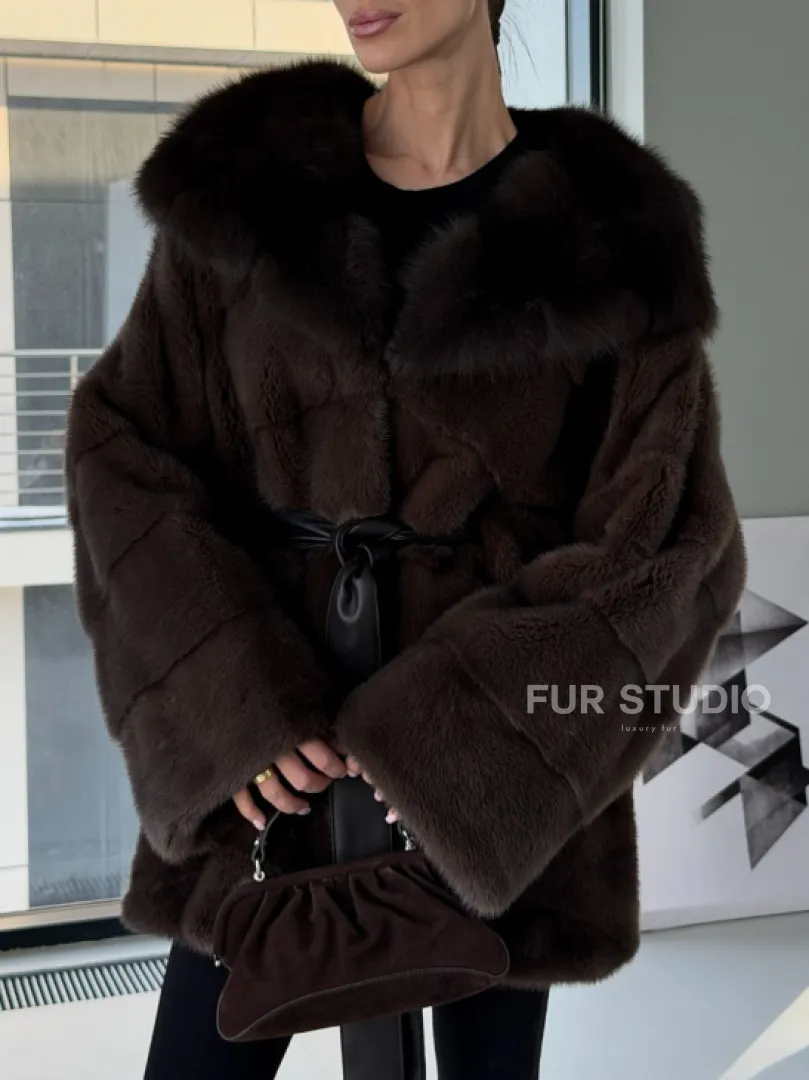 Норковая шуба кимоно с капюшоном куница - фото 4