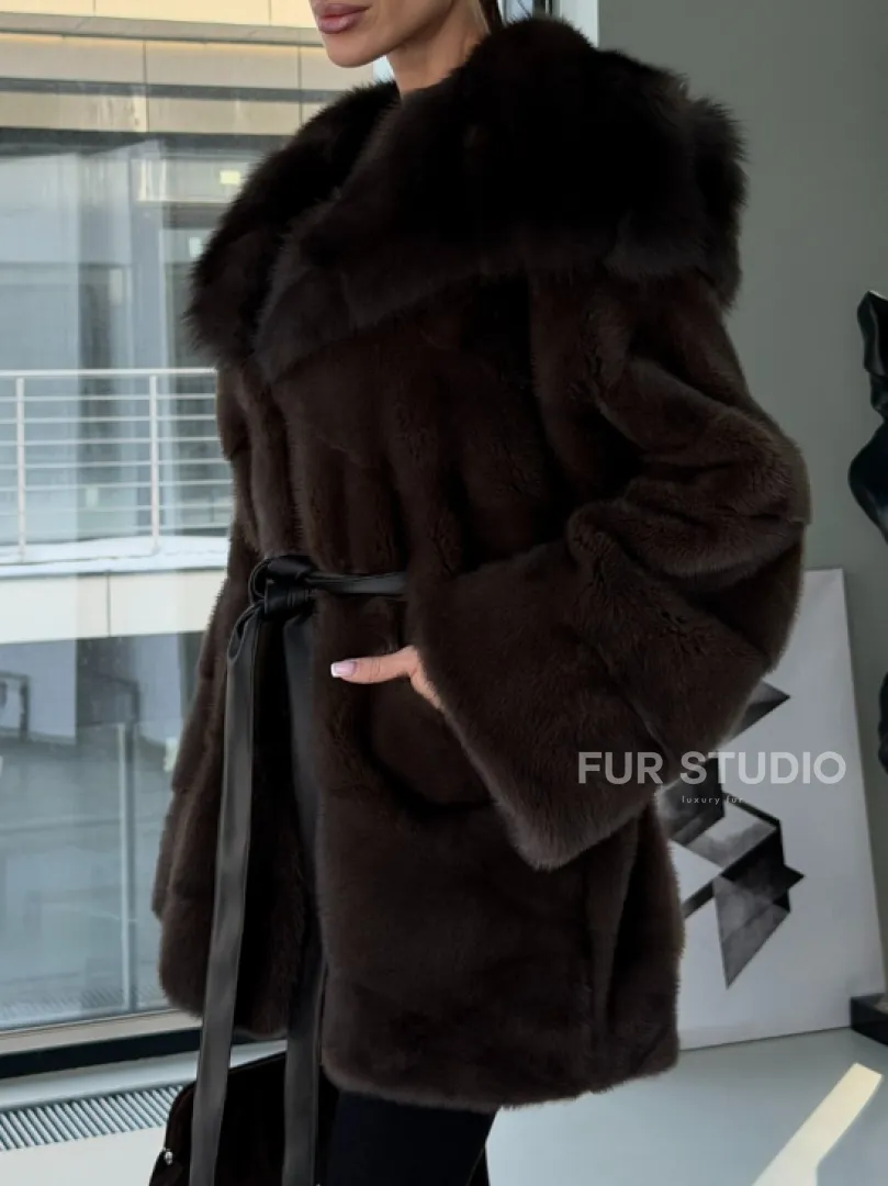 Норковая шуба кимоно с капюшоном куница - фото 2