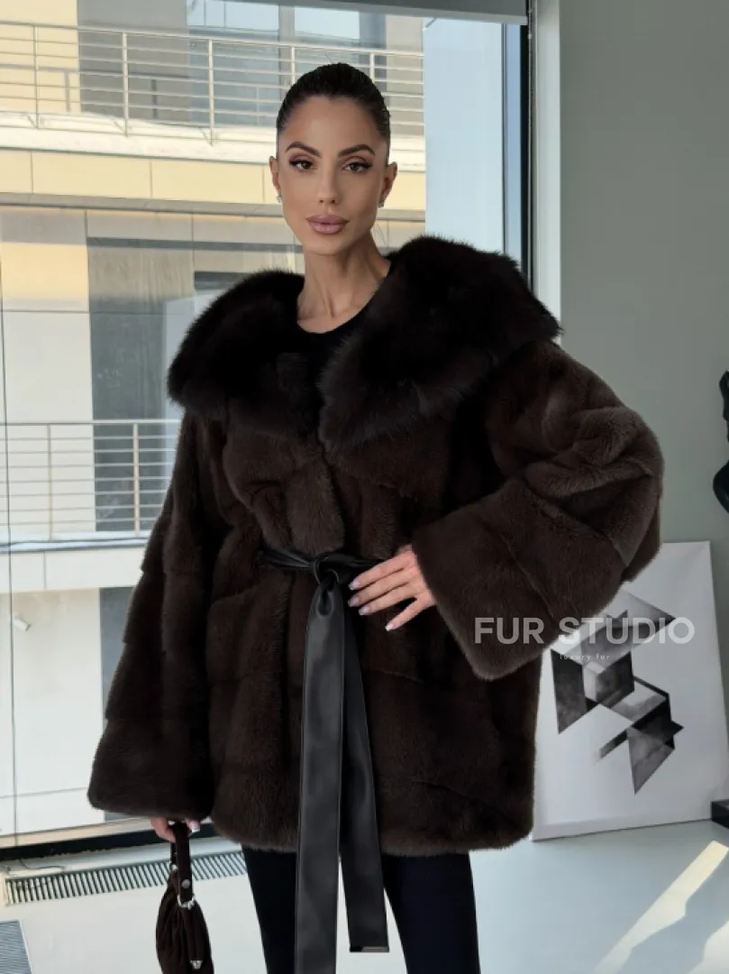 Норковая шуба кимоно с капюшоном куница - фото 15