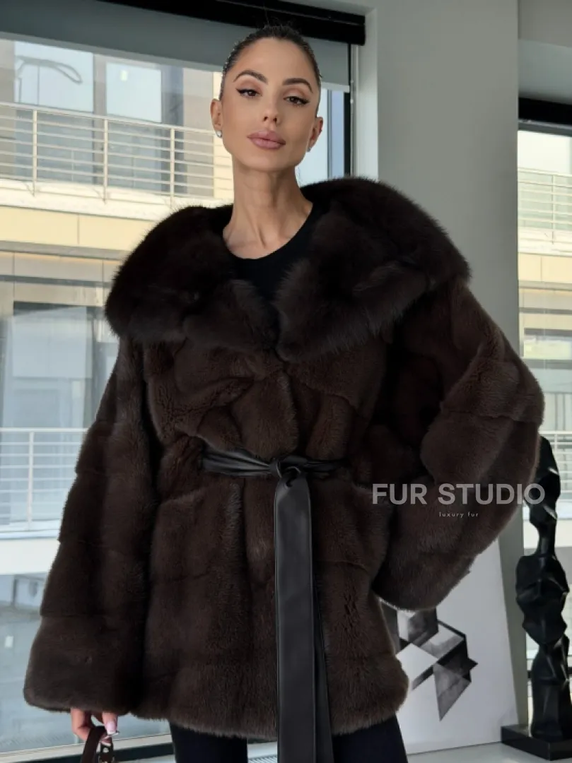 Норковая шуба кимоно с капюшоном куница - фото 8