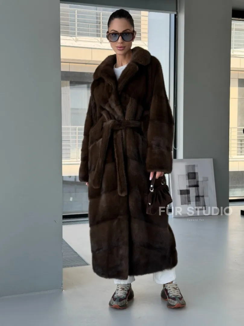 Коричневая норковая шуба - кимоно - фото 8