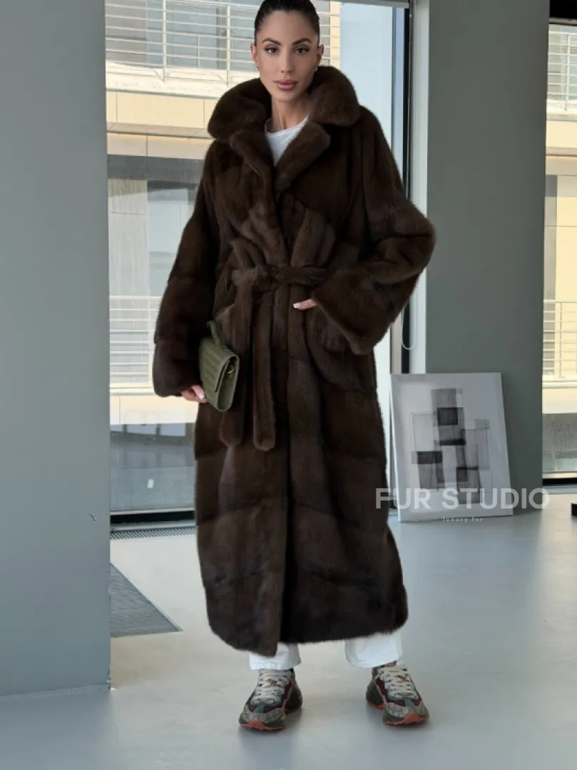 Коричневая норковая шуба - кимоно - фото 4