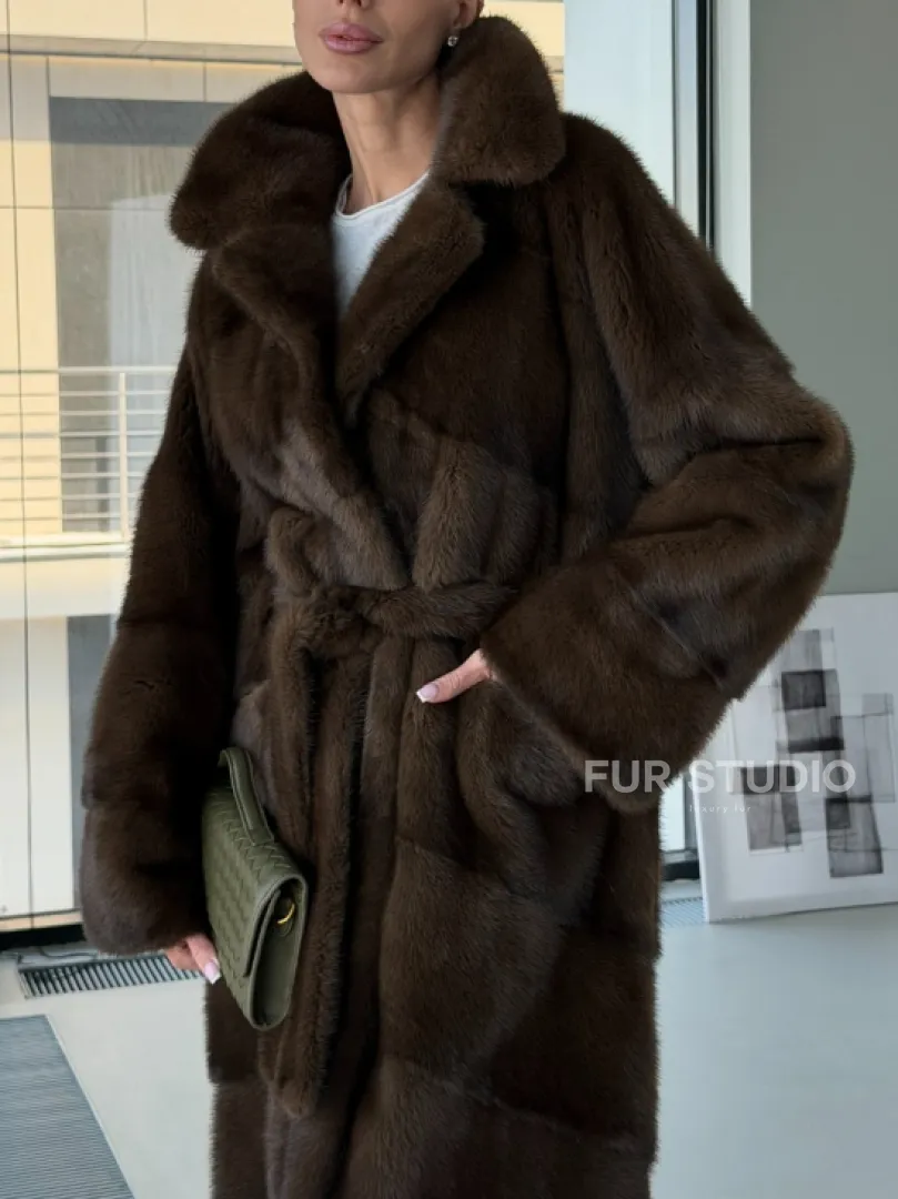 Коричневая норковая шуба - кимоно - фото 3