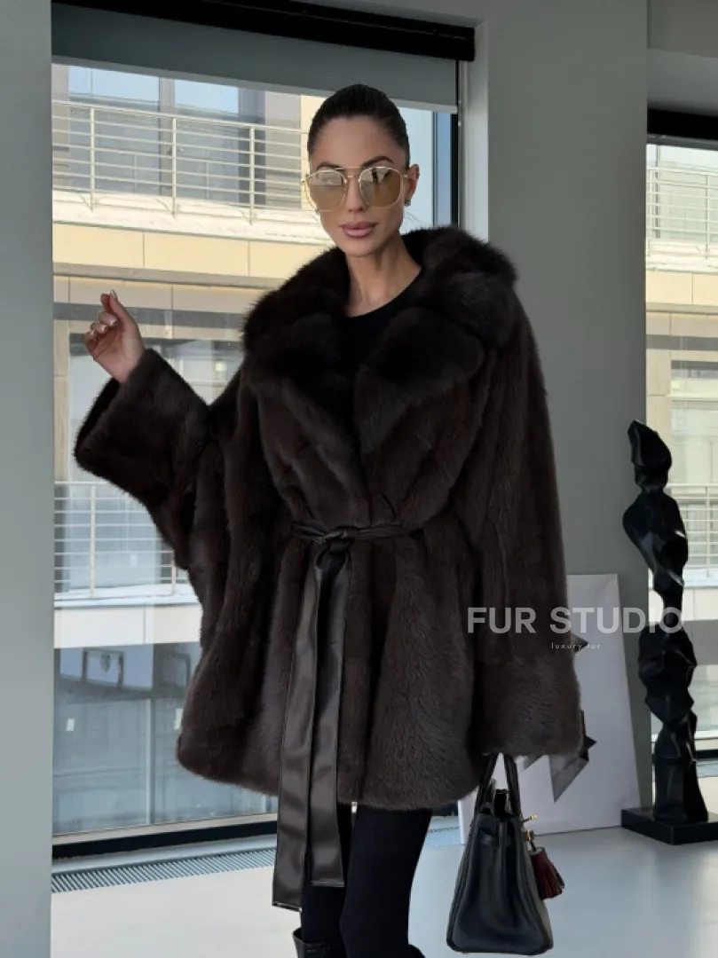 Норковое автоледи с воротником из куницы - фото 18