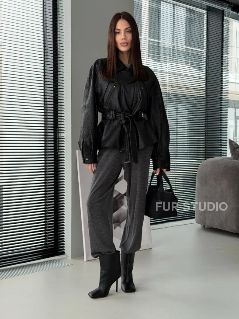 Куртка кожаная женская с поясом, винтажная - фото 8