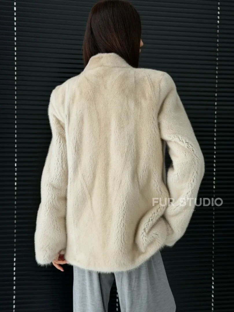 Светлый норковый жакет V-образный воротник - фото 6