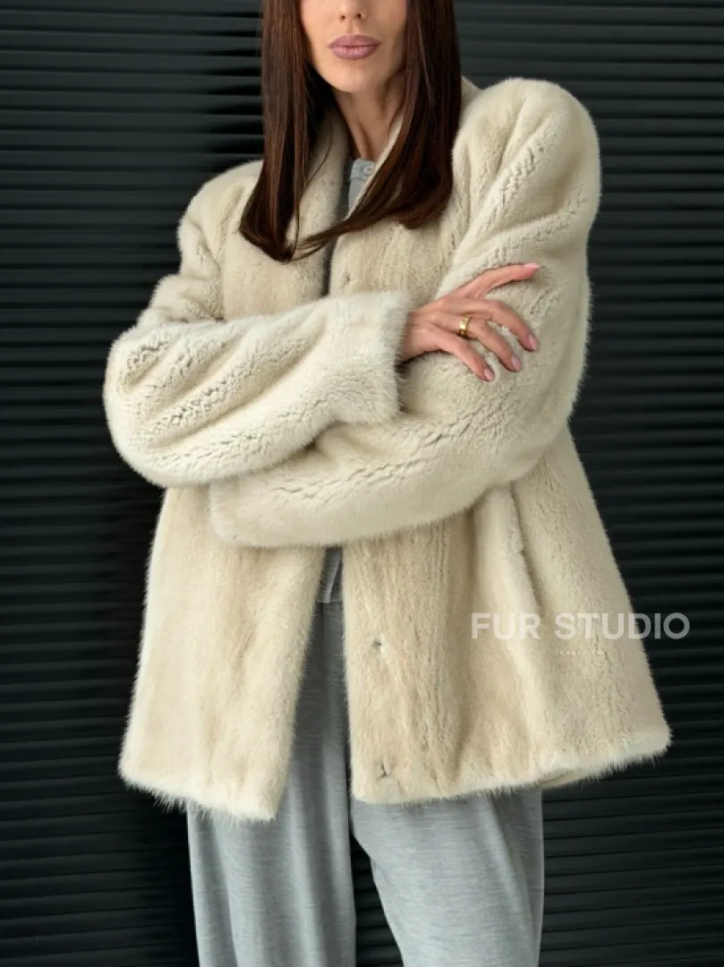 Светлый норковый жакет V-образный воротник - фото 2