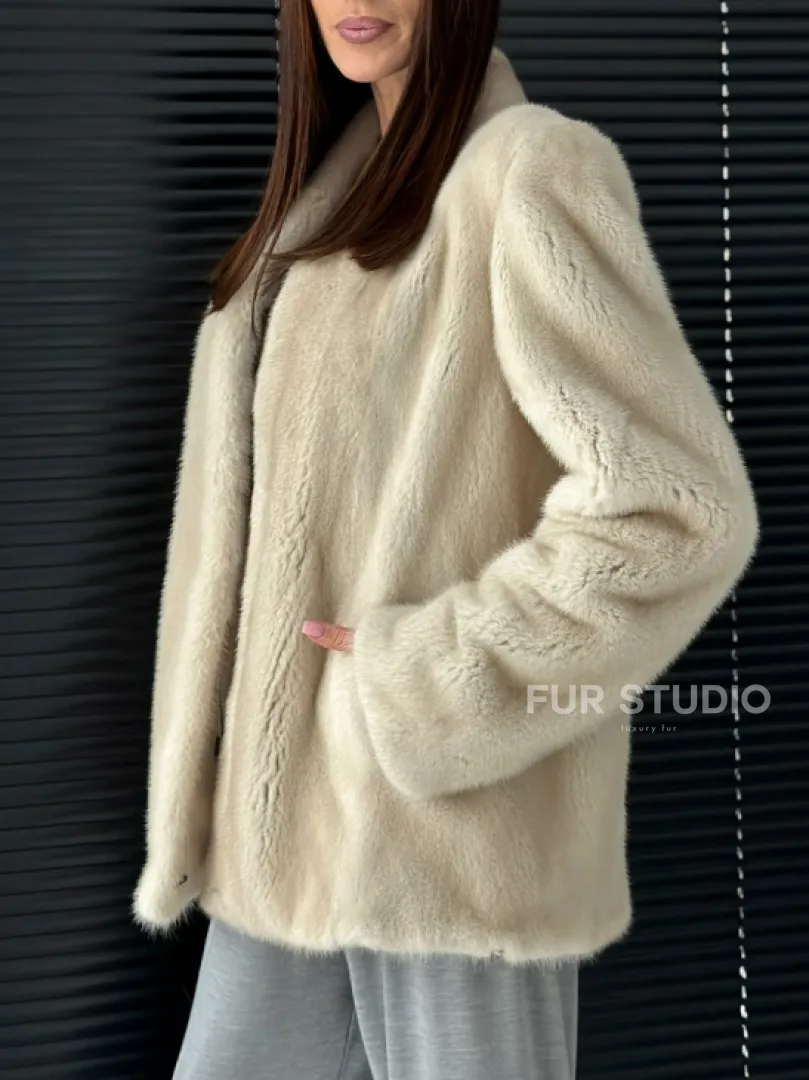 Светлый норковый жакет V-образный воротник - фото 4