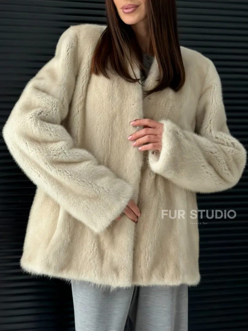 Светлый норковый жакет V-образный воротник - фото 1