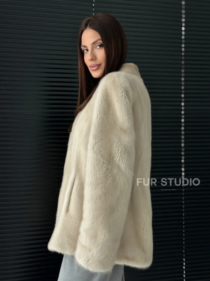 Светлый норковый жакет V-образный воротник - фото 10