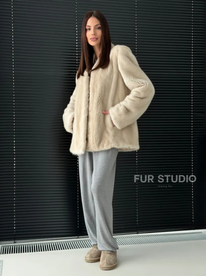 Светлый норковый жакет V-образный воротник - фото 7