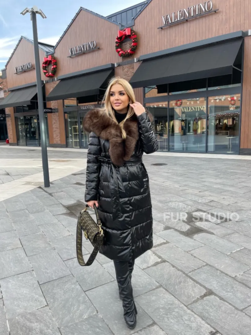 Пальто - пуховик с капюшоном из финского песца - фото 4