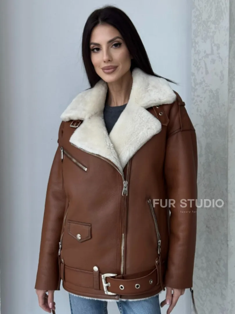 Дубленка авиатор из натуральной кожи в цвете виски - фото 7