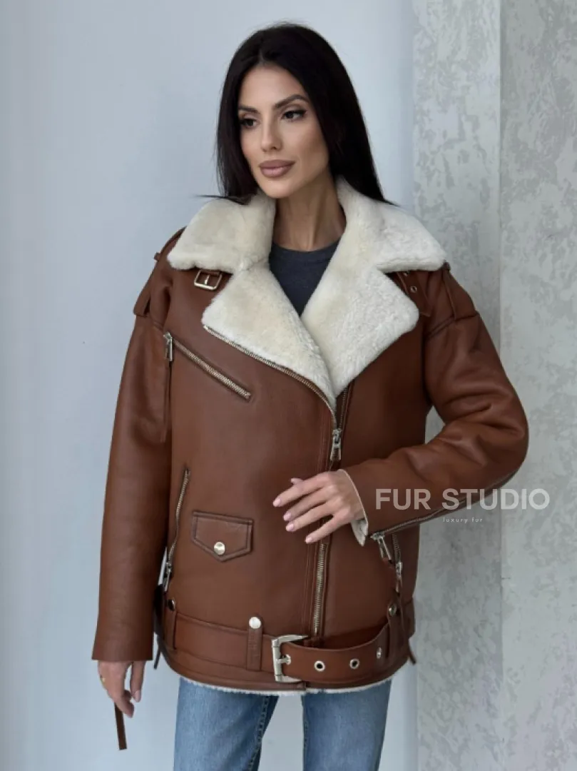 Дубленка авиатор из натуральной кожи в цвете виски - фото 8