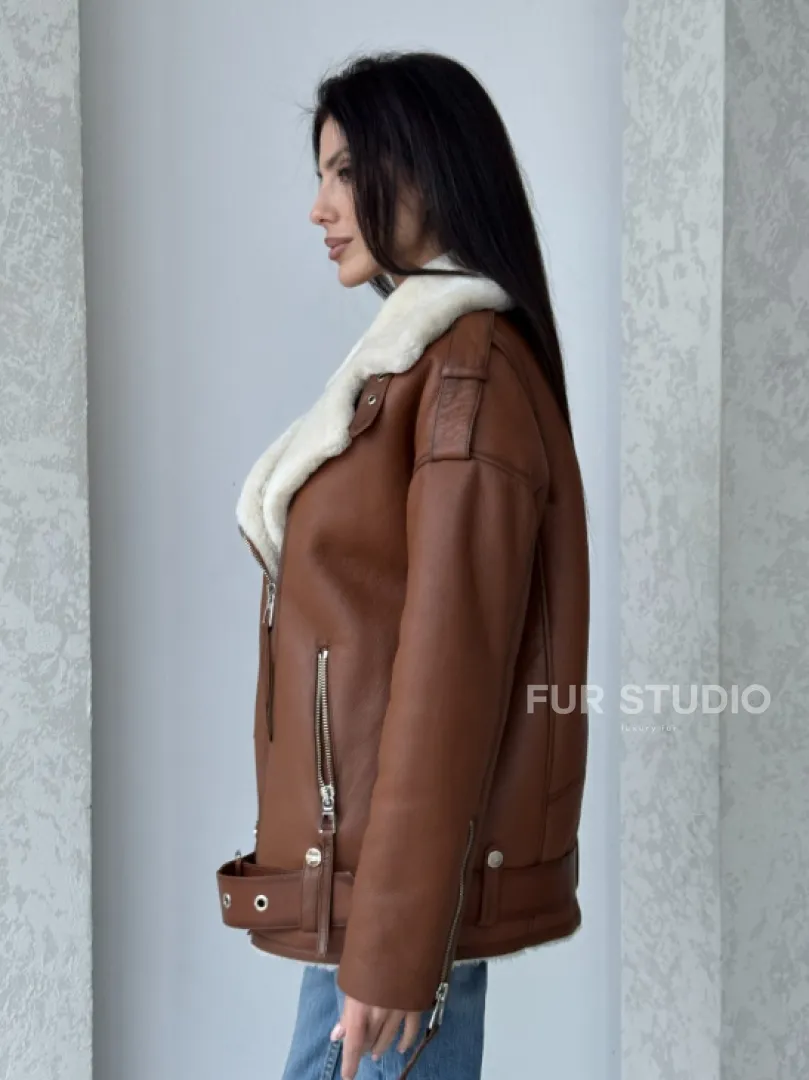 Дубленка авиатор из натуральной кожи в цвете виски - фото 9