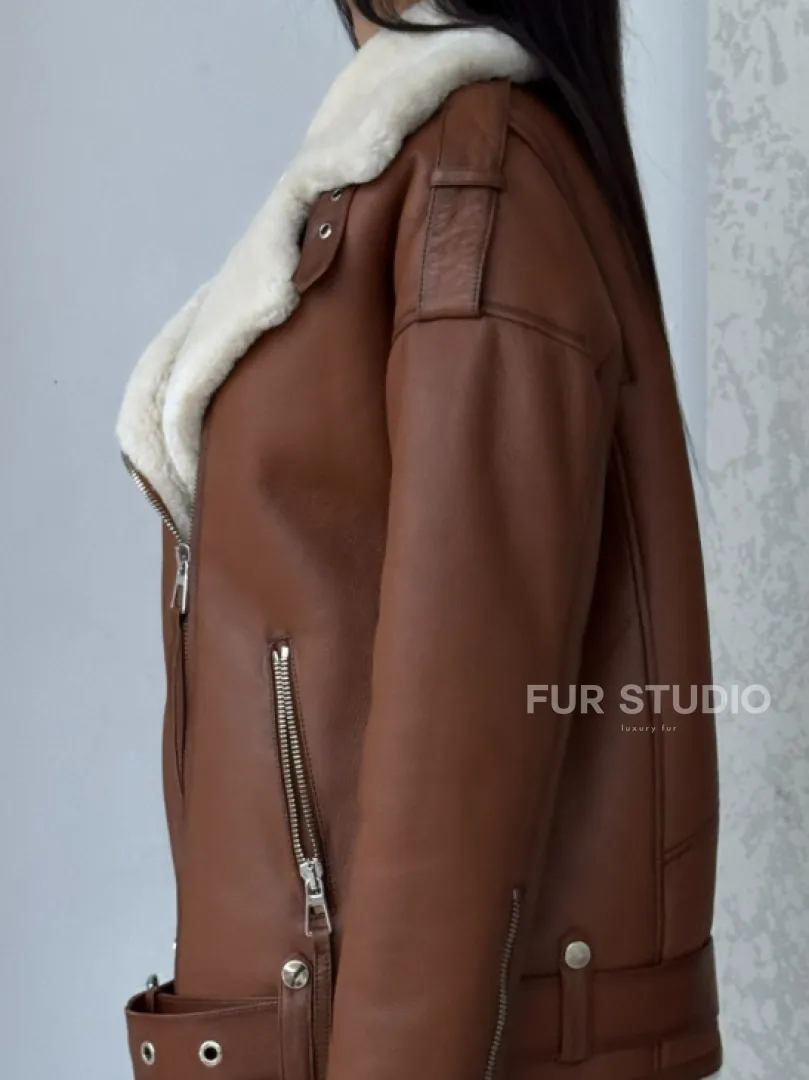 Дубленка авиатор из натуральной кожи в цвете виски - фото 1