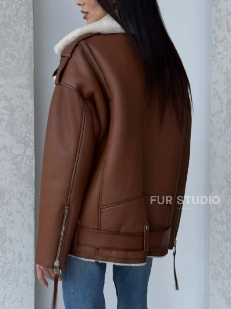 Дубленка авиатор из натуральной кожи в цвете виски - фото 4