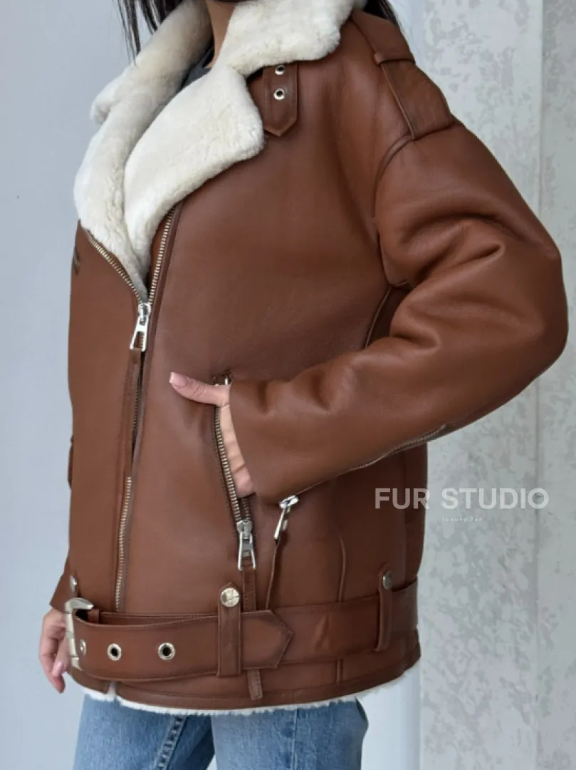 Дубленка авиатор из натуральной кожи в цвете виски - фото 2