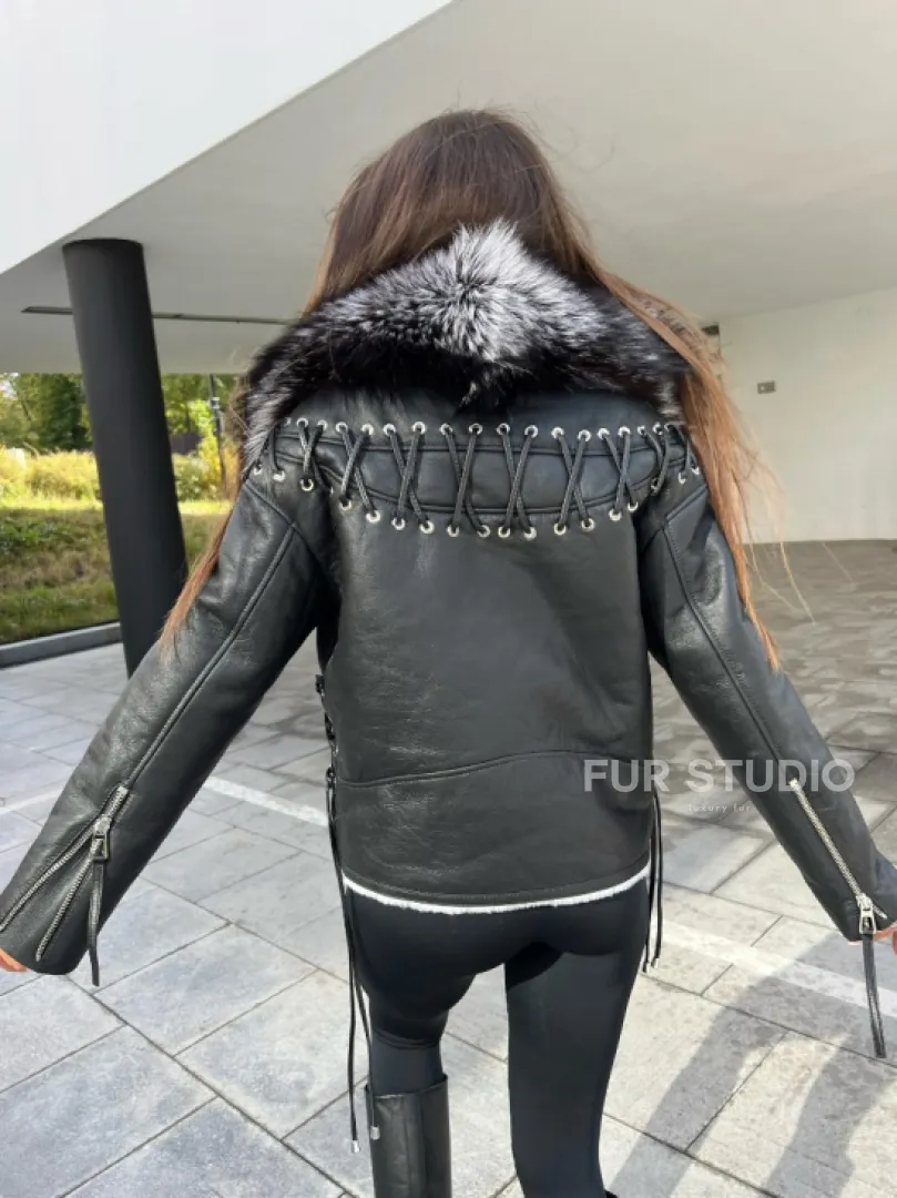 Авиатор из натуральной кожи с воротником из чернобурой лисы - фото 2