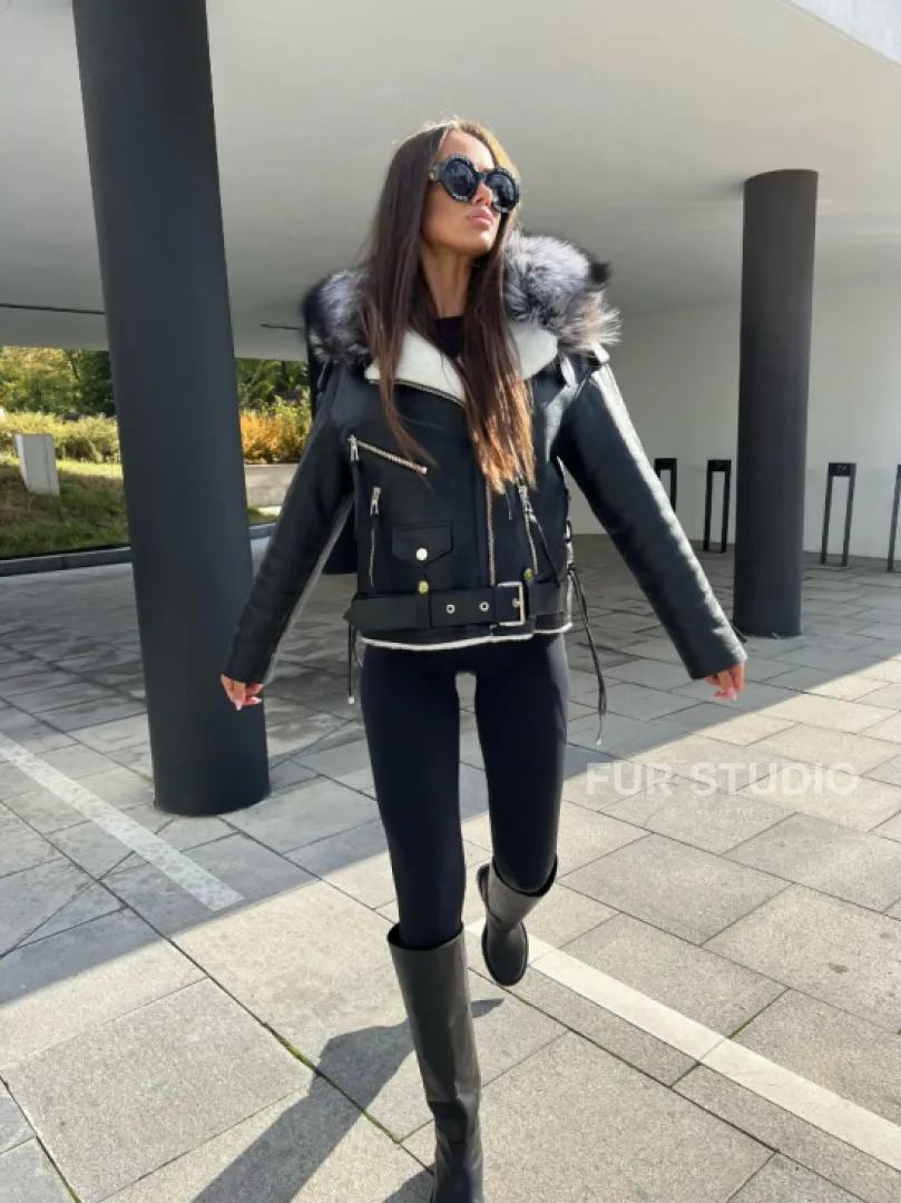 Авиатор из натуральной кожи с воротником из чернобурой лисы - фото 8