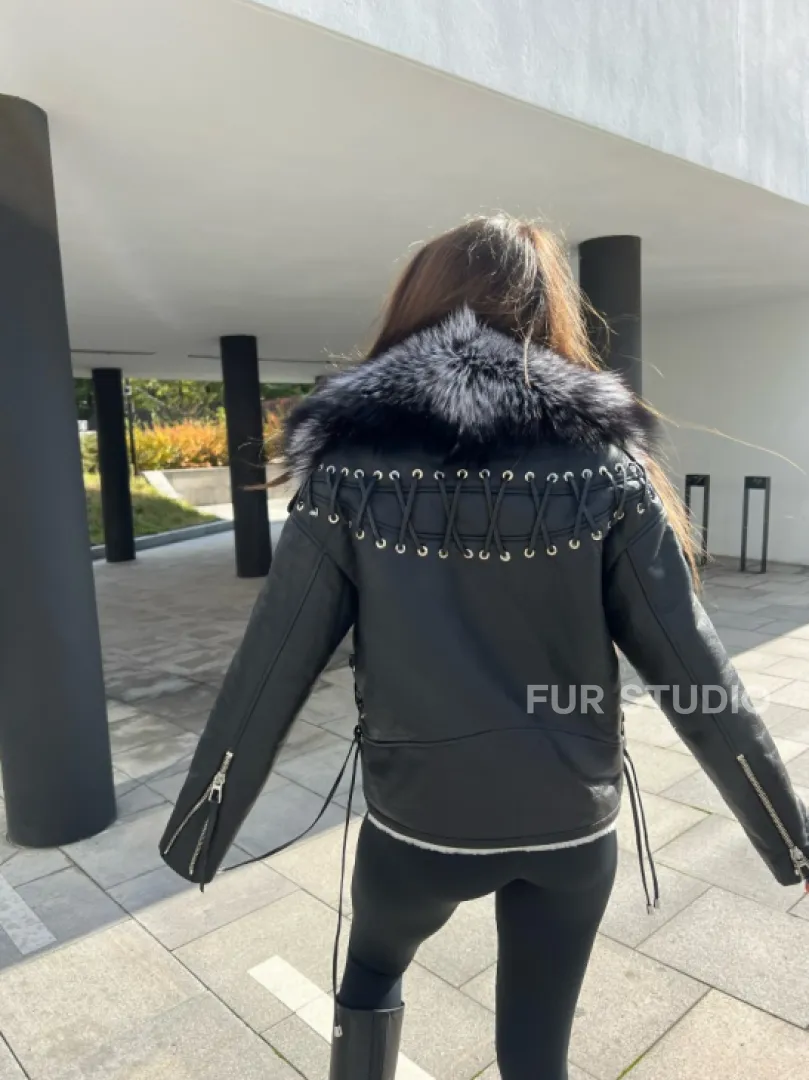 Авиатор из натуральной кожи с воротником из чернобурой лисы - фото 7