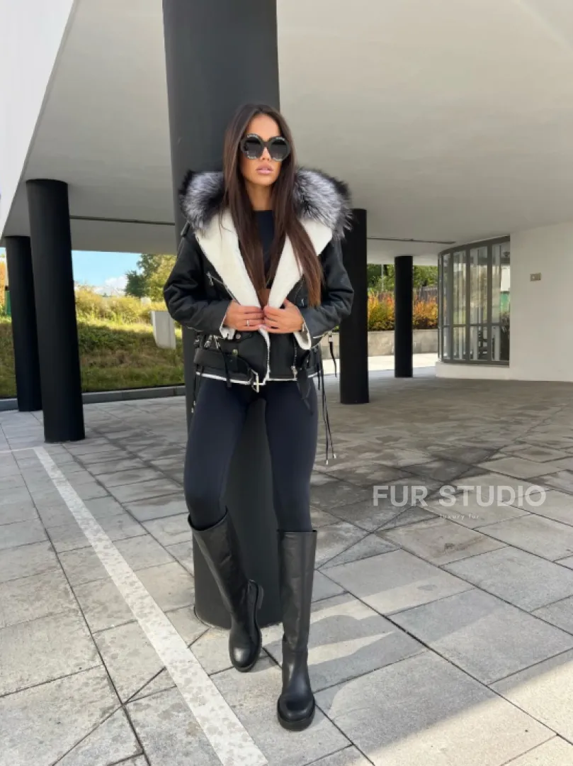 Авиатор из натуральной кожи с воротником из чернобурой лисы - фото 6