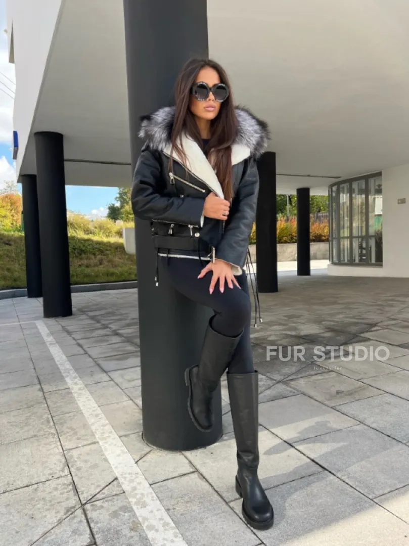 Авиатор из натуральной кожи с воротником из чернобурой лисы - фото 4