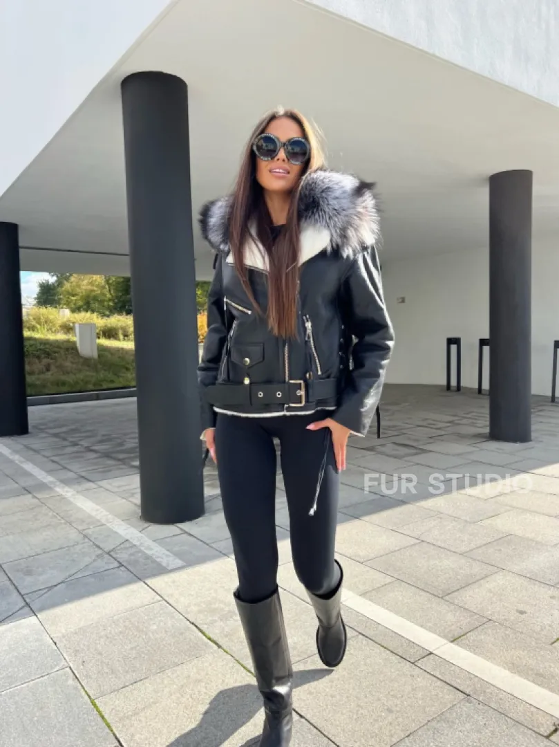 Авиатор из натуральной кожи с воротником из чернобурой лисы - фото 5