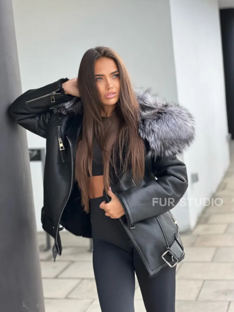 Дубленка - косуха с капюшоном из меха чернобурой лисы - фото 0