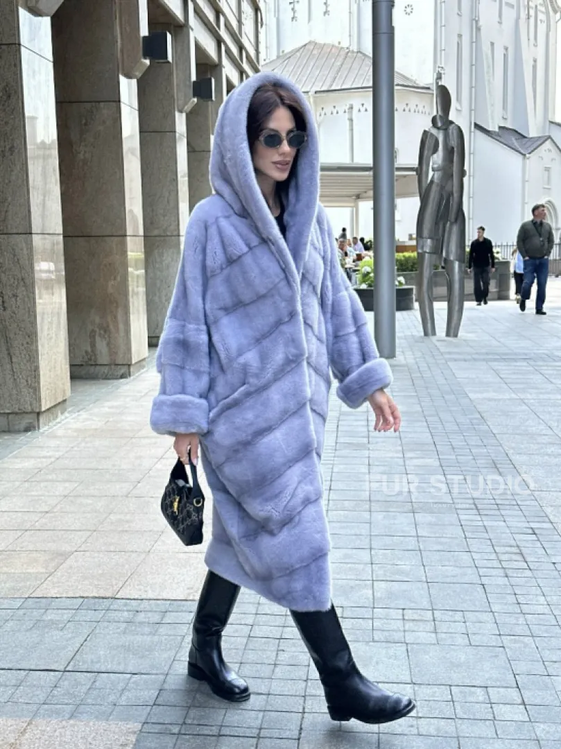 Удлиненная голубая норковая шуба NAFA MINK с капюшоном