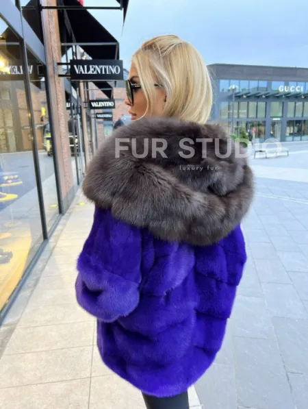 Шуба норковая с капюшоном из меха куницы - цвет фиолетовый - фото 5