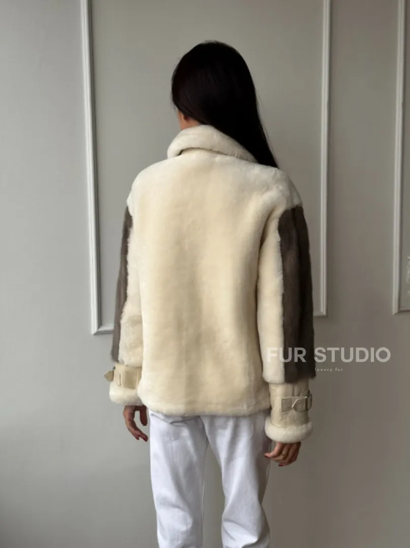 Дубленка из натуральной овчины с рукавами из меха норки - фото 8